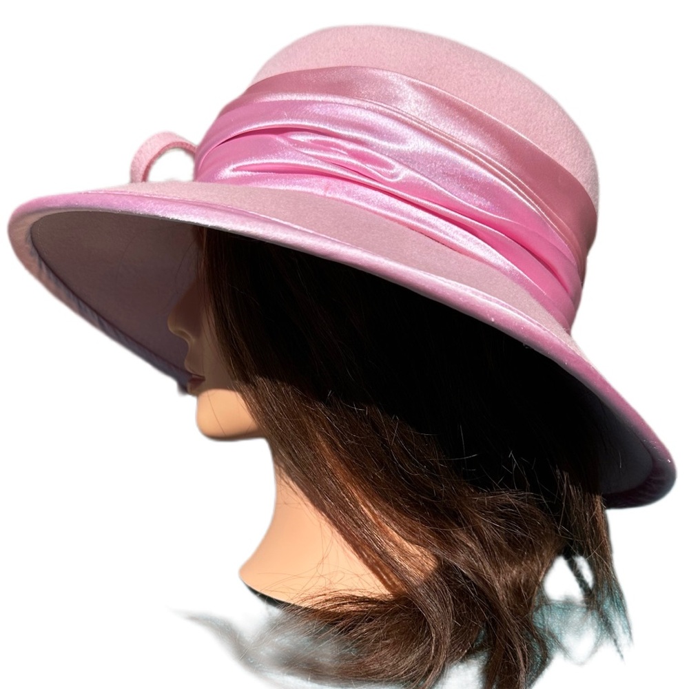 Something Special 100% Felt Pink Brim ribbon feathers Ladies Dress Hat Floral - Picture 7 of 12